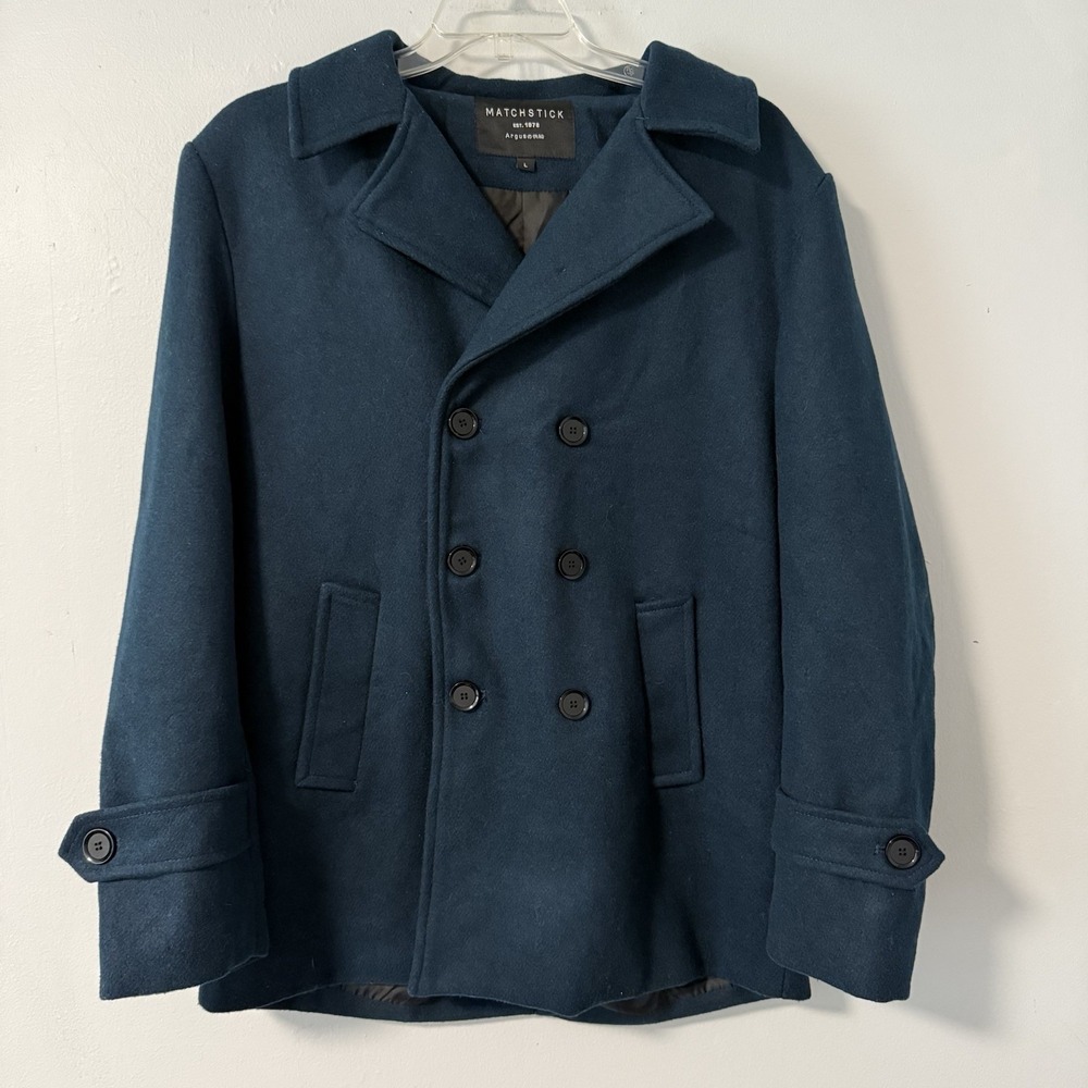 Matchstick Men's‎ Argus Pea Coat Double Breasted Wool Blend Deep Peacock Blue L
